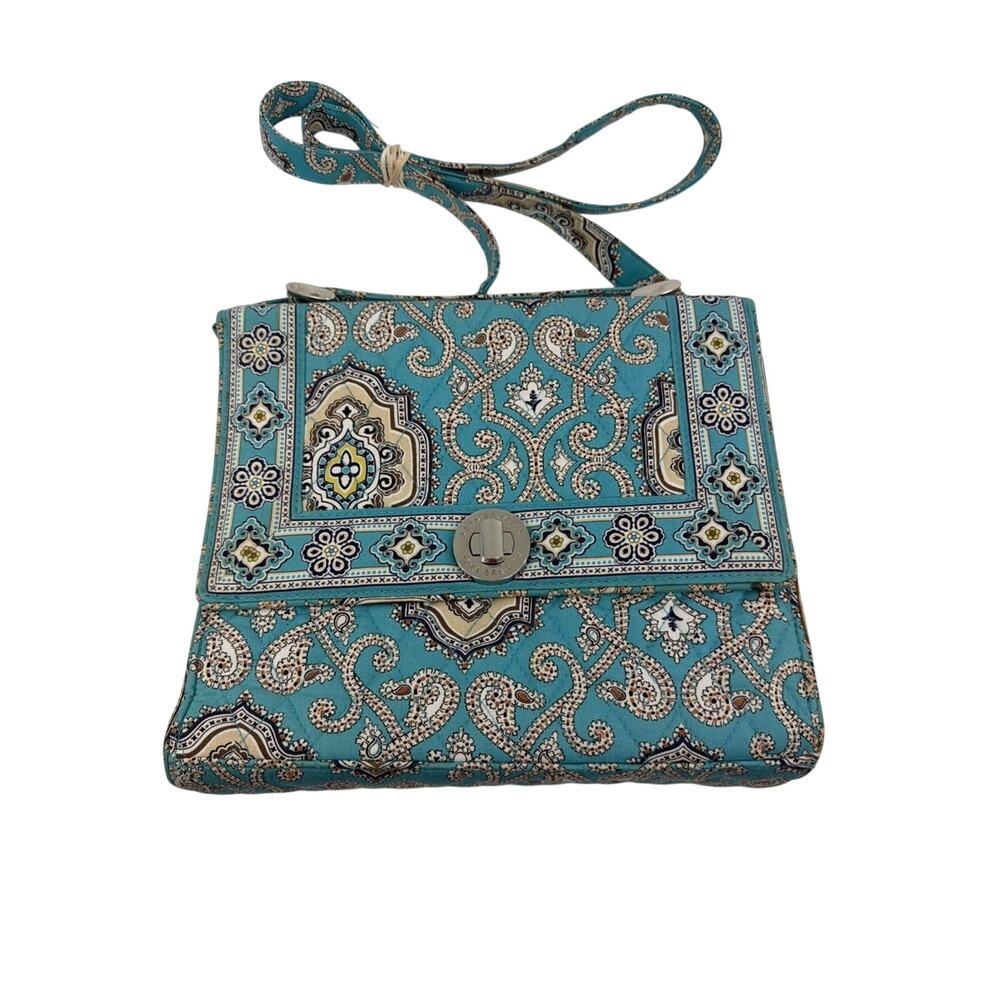 Vera Bradley Julia Turn Lock Satchel Crossbody Turquoise Brown Medallion
